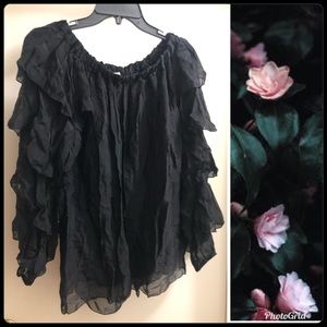 🦇Black Silk Poofy Ruffle Blouse NWOT